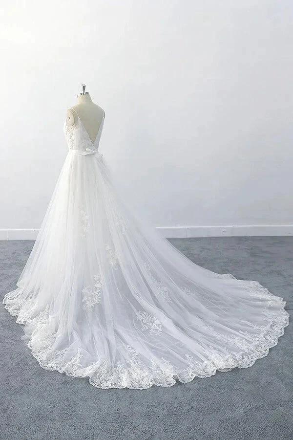 Amazing Long A-line V-neck Ruffle Appliques Tulle Wedding Dress (ZD15789)