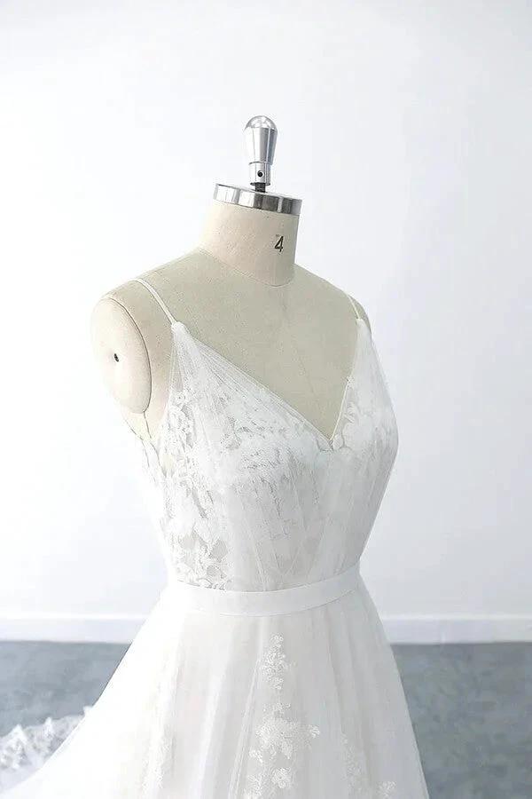 Amazing Long A-line V-neck Ruffle Appliques Tulle Wedding Dress (ZD15789)