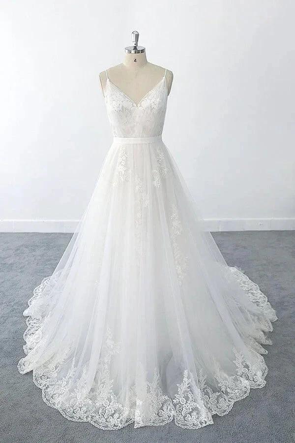 Amazing Long A-line V-neck Ruffle Appliques Tulle Wedding Dress (ZD15789)