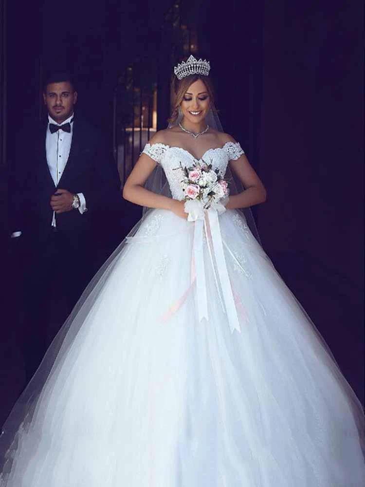 Amazing Long Ball Gown Off the Shoulder Lace Tulle Wedding Dresses (ZD15916)