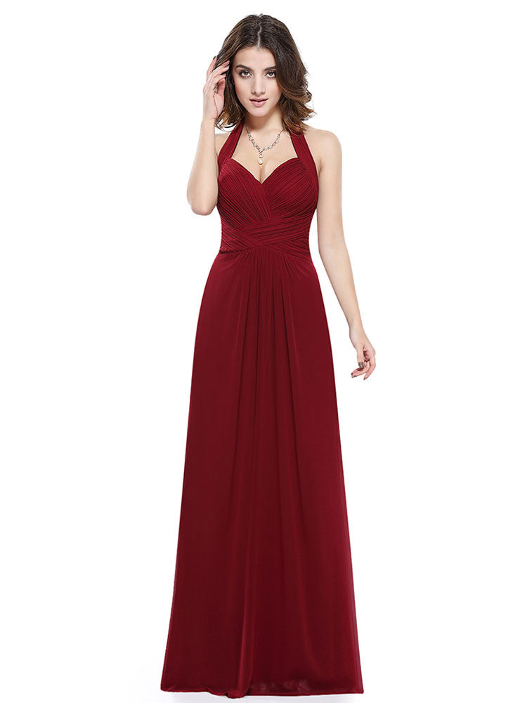 Amazing Long Evening Dress Burgundy Halter Party Dress Chiffon Sweetheart Draping A-Line Maxi Evening Gown wedding guest dress
