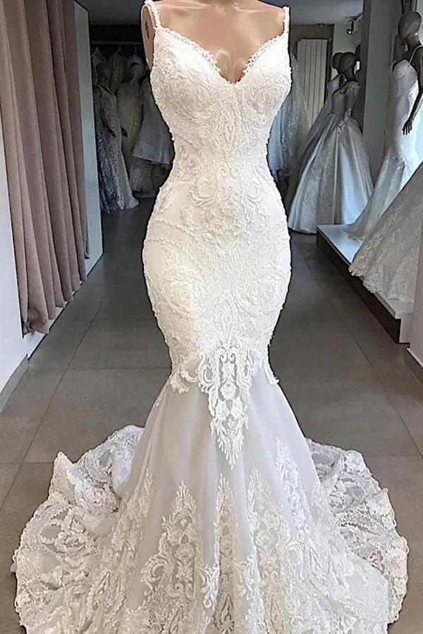 Amazing Long Mermaid Appliques Tulle Backless Wedding Dress (ZD14412)