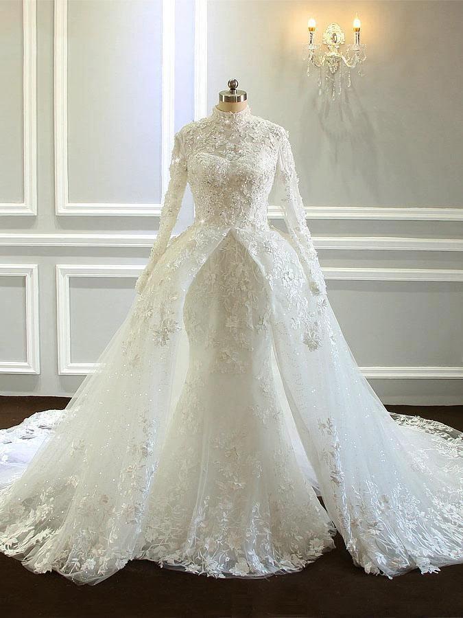 Amazing Long Mermaid High Neck Tulle Lace Wedding Dresses with Sleeves (ZD15879)
