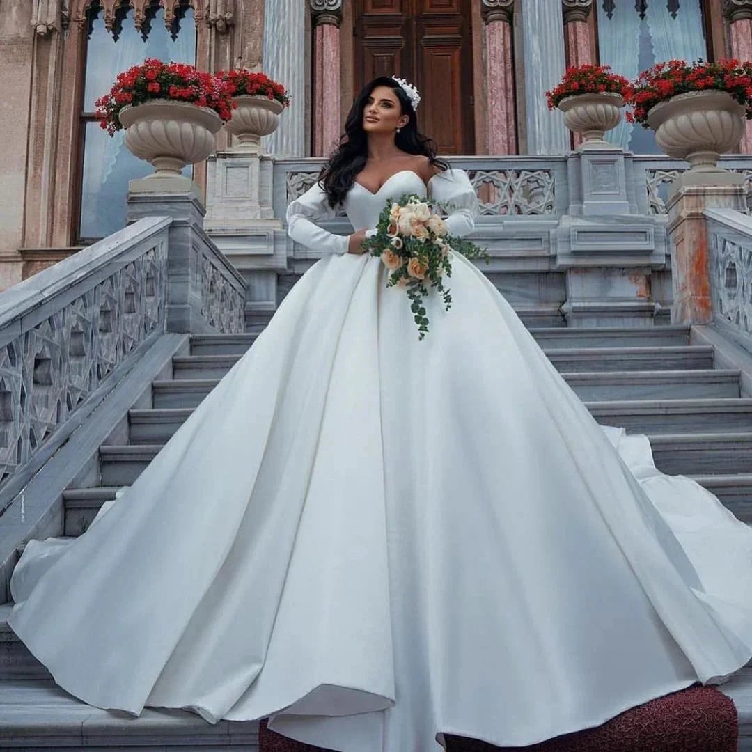 Amazing Long Princess Satin Sweetheart Wedding Dresses with Sleeves (ZD15041)