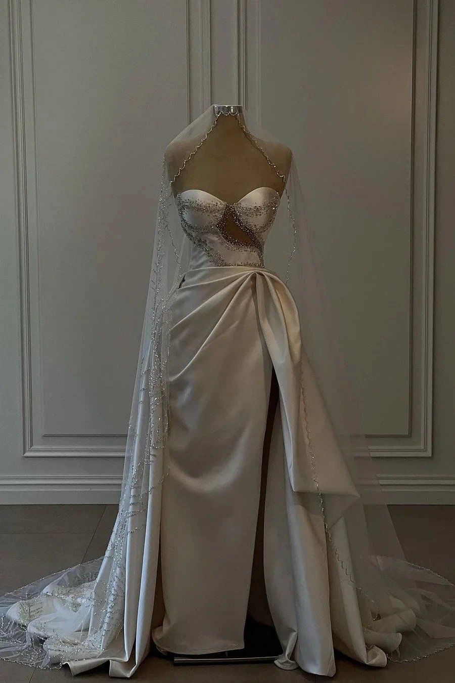 Amazing Long White Beading Sleeveless Satin Wedding Dress With Slit (ZD15681)