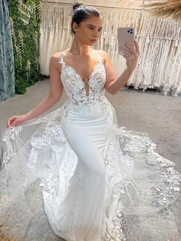Spaghetti Strap Deep V Satin Mermaid Wedding Dress With Sheer Lace Chapel Train
