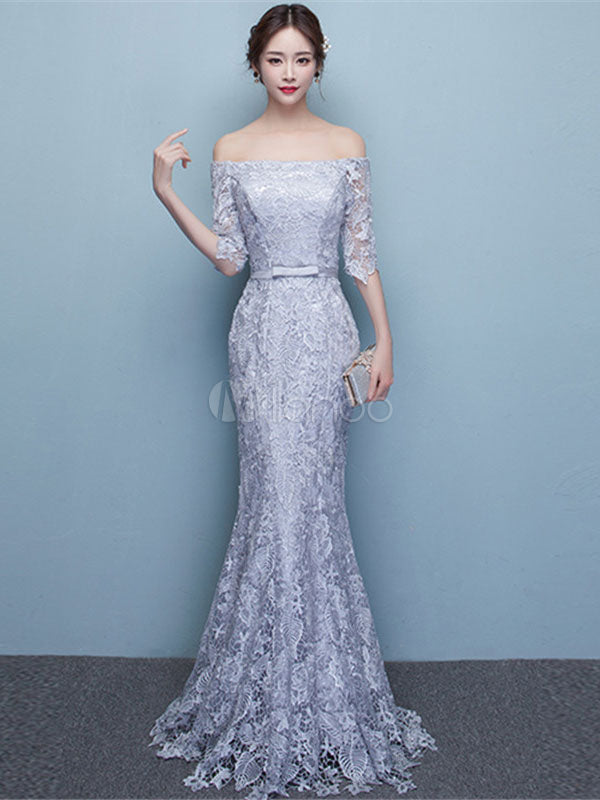 Amazing Mermaid Evening Dress Lace Off-the-Shoulder Party Dress Silver Half Sleeve Floor-Length Occasion Dress With Bow Sash wedding guest dress