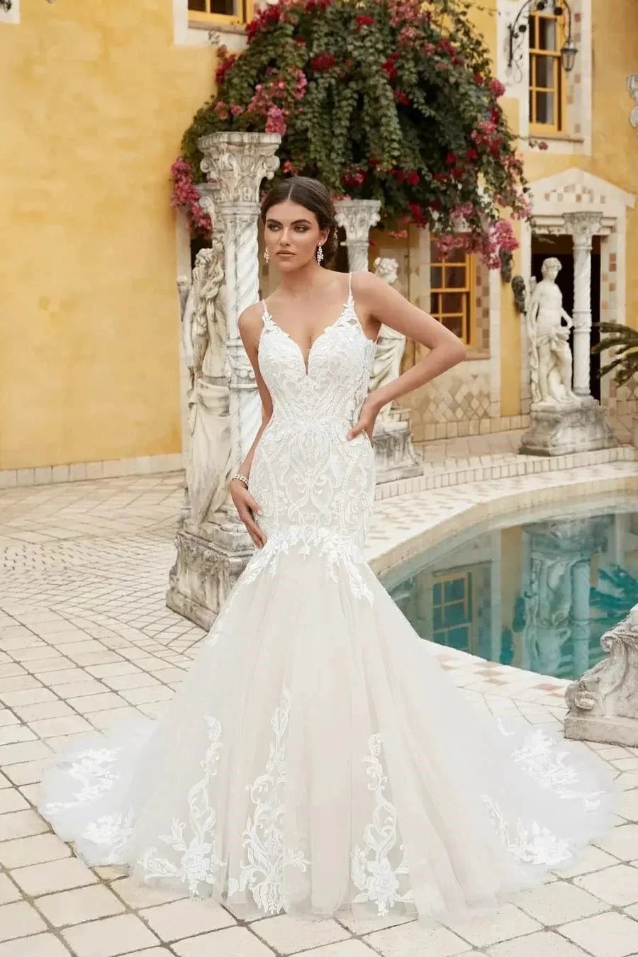 Amazing Mermaid Lace Spaghetti Straps Sleeveless White Long Wedding Dress With Ruffles (ZD15537)