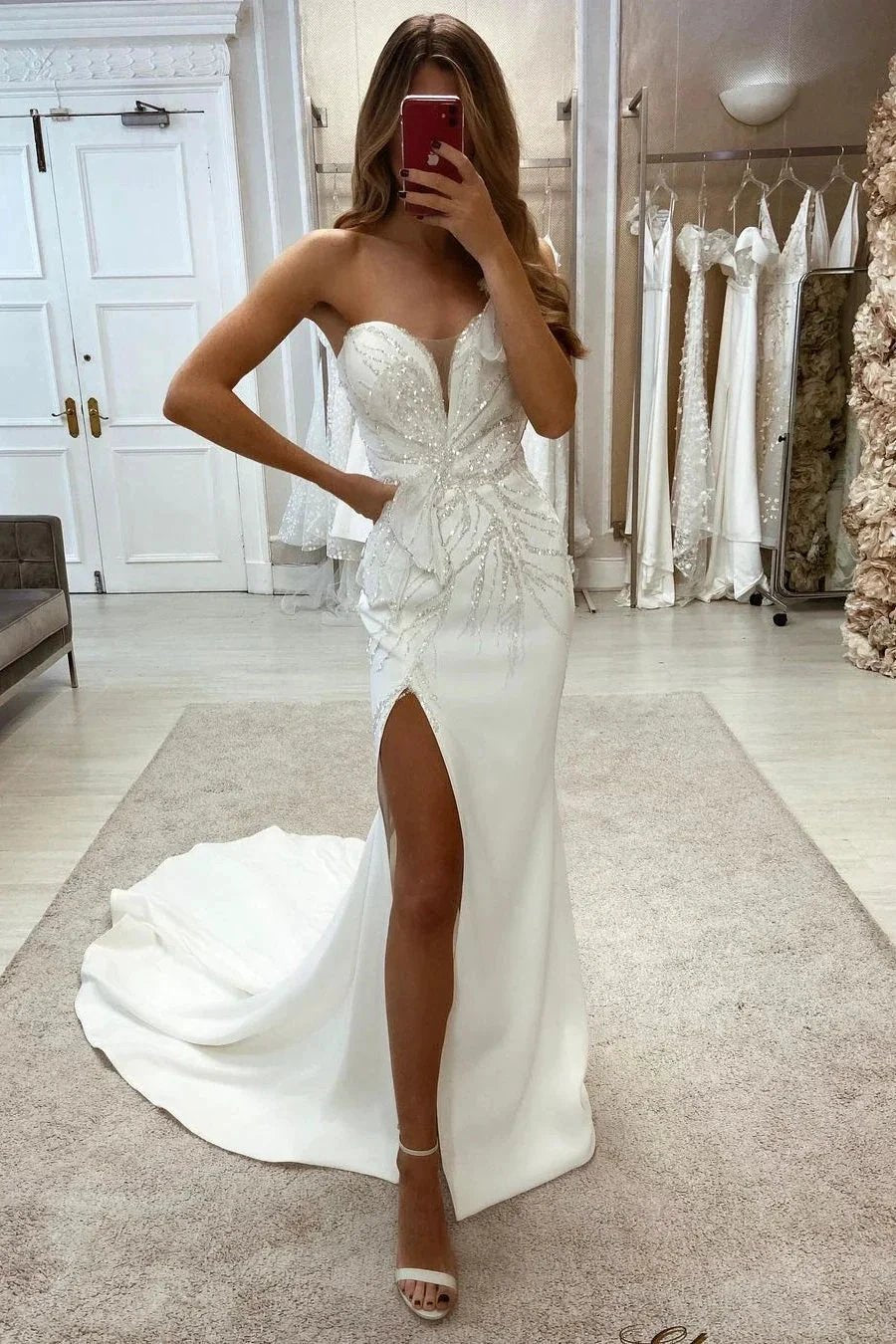 Amazing Sweetheart Sleeveless Sequined Lace Wedding Dress With Slit (ZD14575)