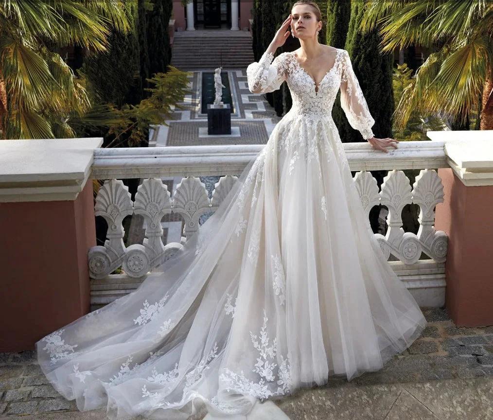 Amazing V-neck Backless Long Sleeves A-line Appliques Wedding Dress (ZD16431)