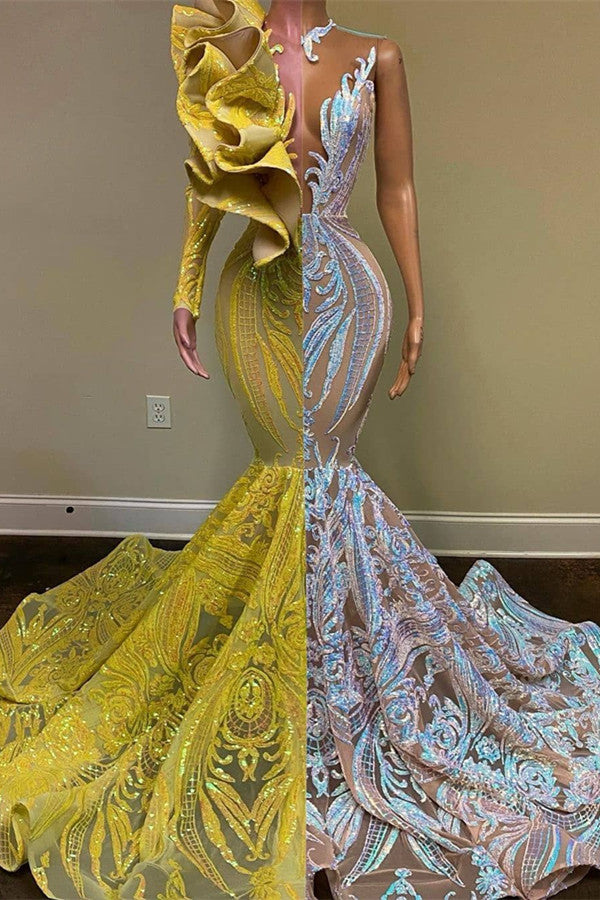 Amazing V-Neck One-Shoulder Long Sleeve Long Mermaid Prom Dress