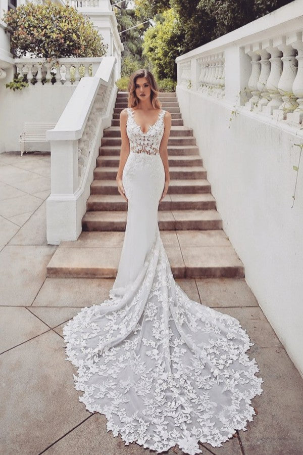 AmazingTrain Sleeveless V-Neck Lace mermaid wedding dresses