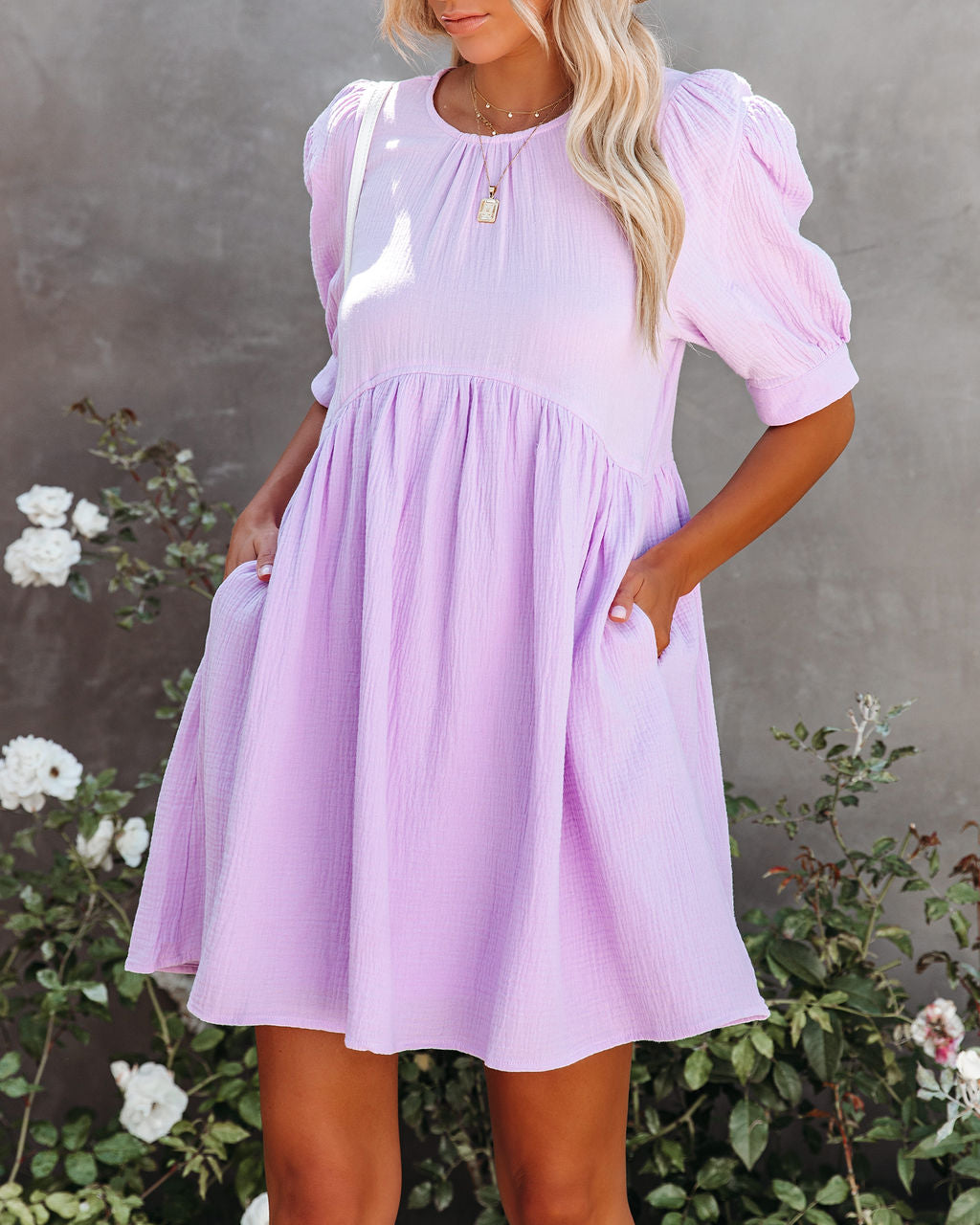 Amber Cotton Pocketed Puff Sleeve Dress Lavender