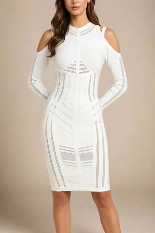 Amelia Long Sleeve Bandage Dress - White Pearl
