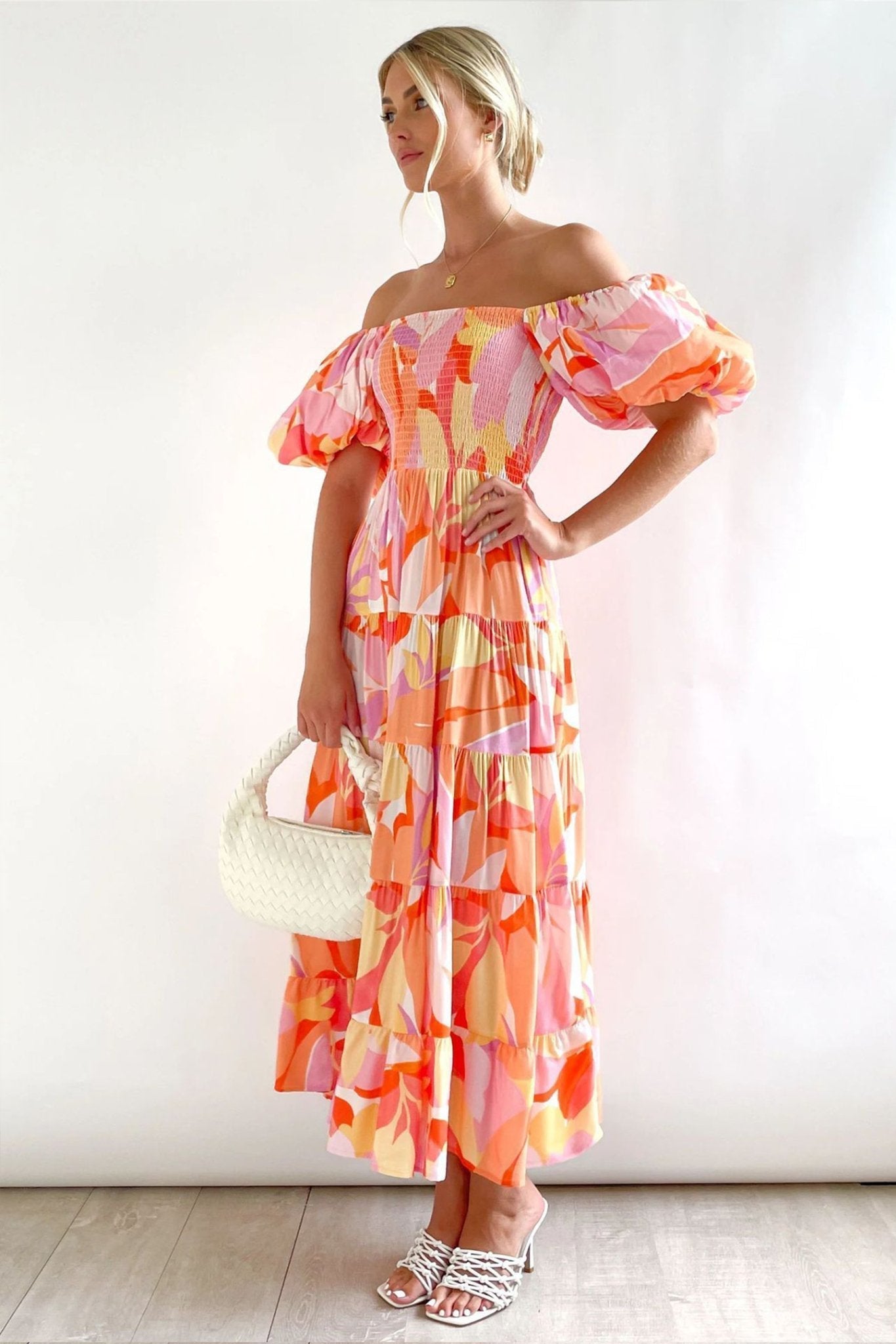 Oriana Luxe Printed Off the Shoulder Tiered Maxi Dress with Puff Sleeves Designer Edit