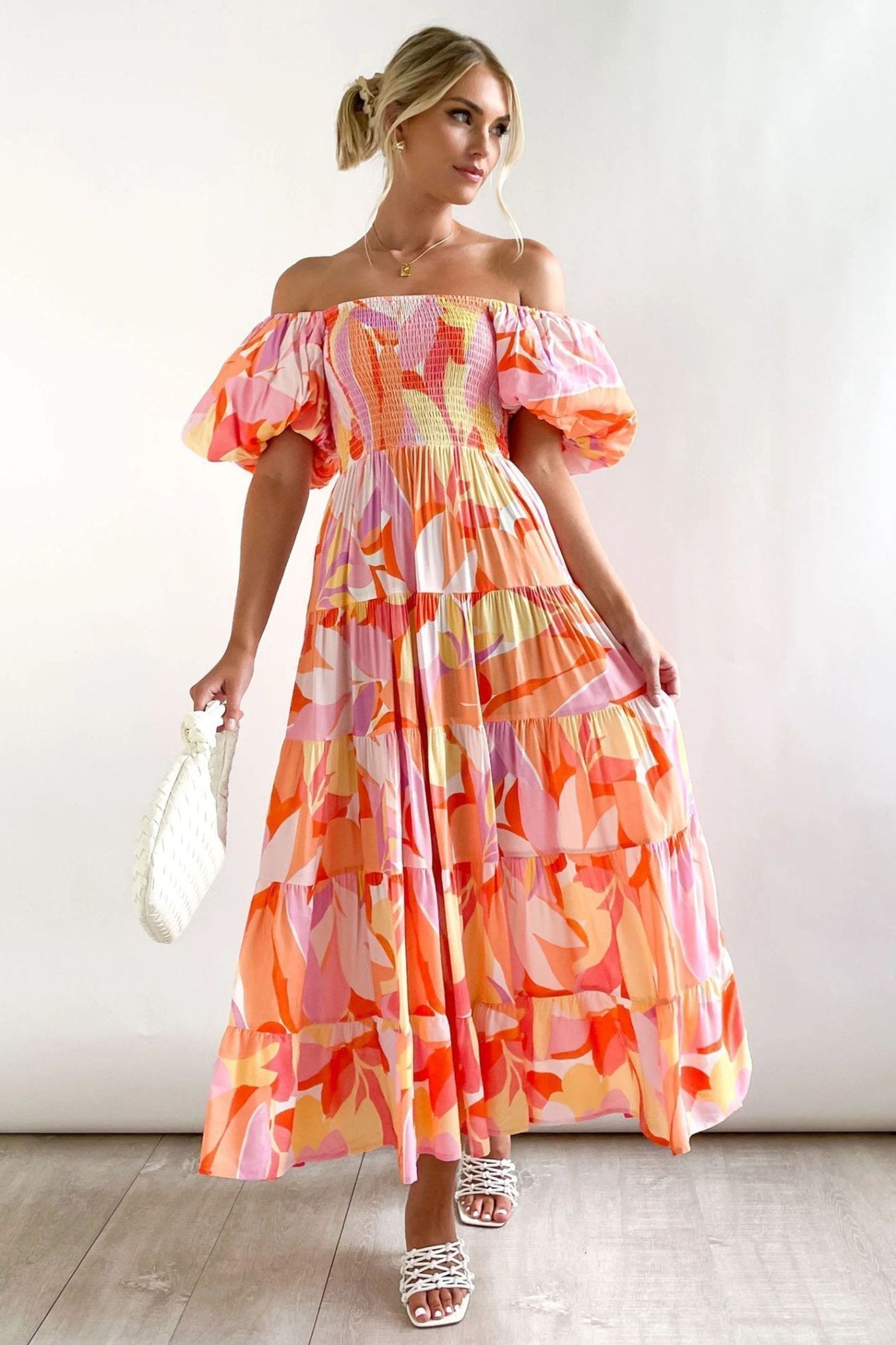 Oriana Luxe Printed Off the Shoulder Tiered Maxi Dress with Puff Sleeves Designer Edit