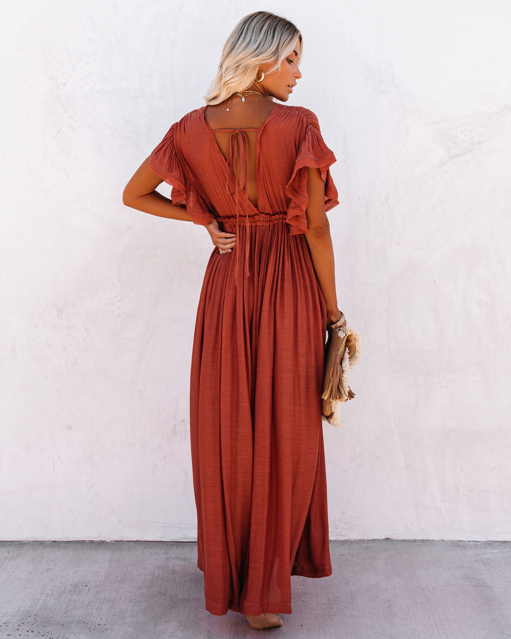Anika Pocketed Button Down Ruffle Maxi Dress Terracotta