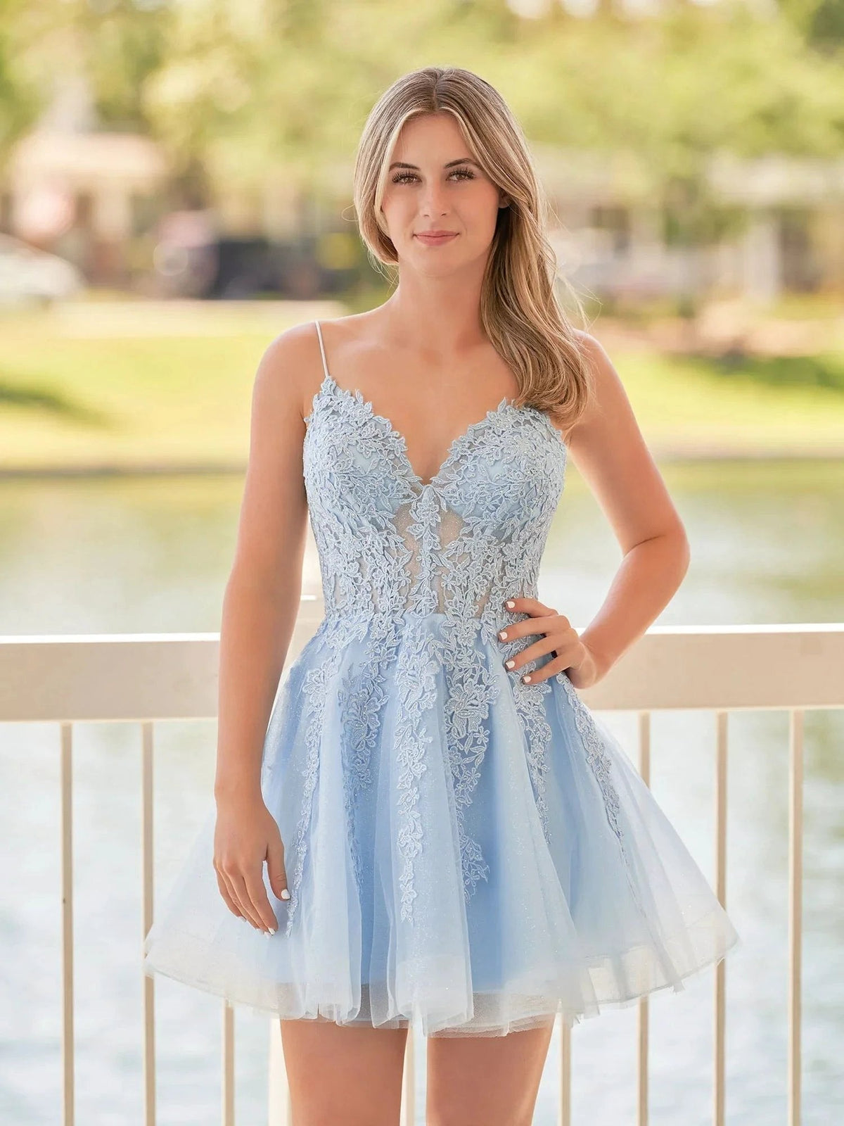 A-Line Spaghetti-Straps Sky Blue Lace Homecoming Dress With Appliques (ZD11576) - VelvetHem