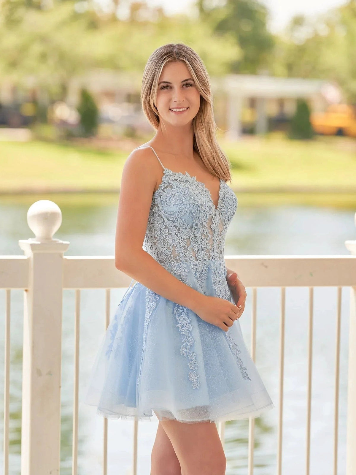A-Line Spaghetti-Straps Sky Blue Lace Homecoming Dress With Appliques (ZD11576)