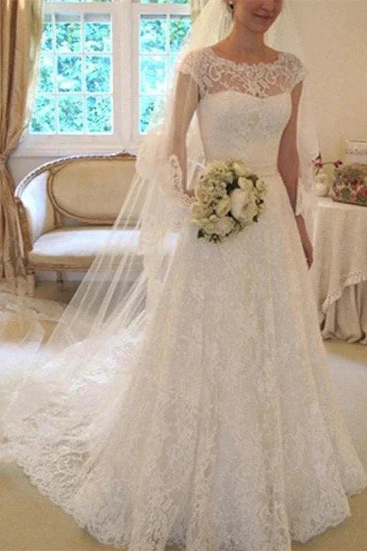 Applique Short Sleeves Square Lace Ribbon Wedding Dress (ZD13853)