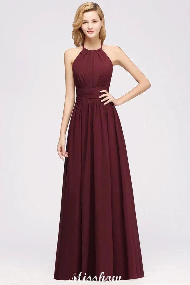 Appliques Halter Sleeveless Floor-Length Bridesmaid Dresses with Ruffles A-line Chiffon Evening Maxi Dress (ZD12918)