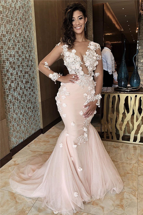 Appliques Mermaid Lace Prom Dresses V-Neck Formal Gowns