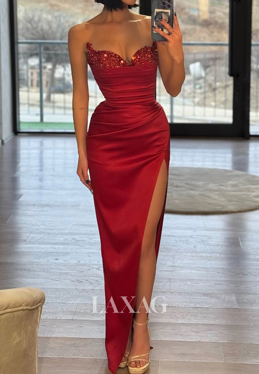 Sweetheart Beaded Sequined Pleated Party Gowns Off-Shoulder Puff-Sleeves Satin Mermaid Prom Dress