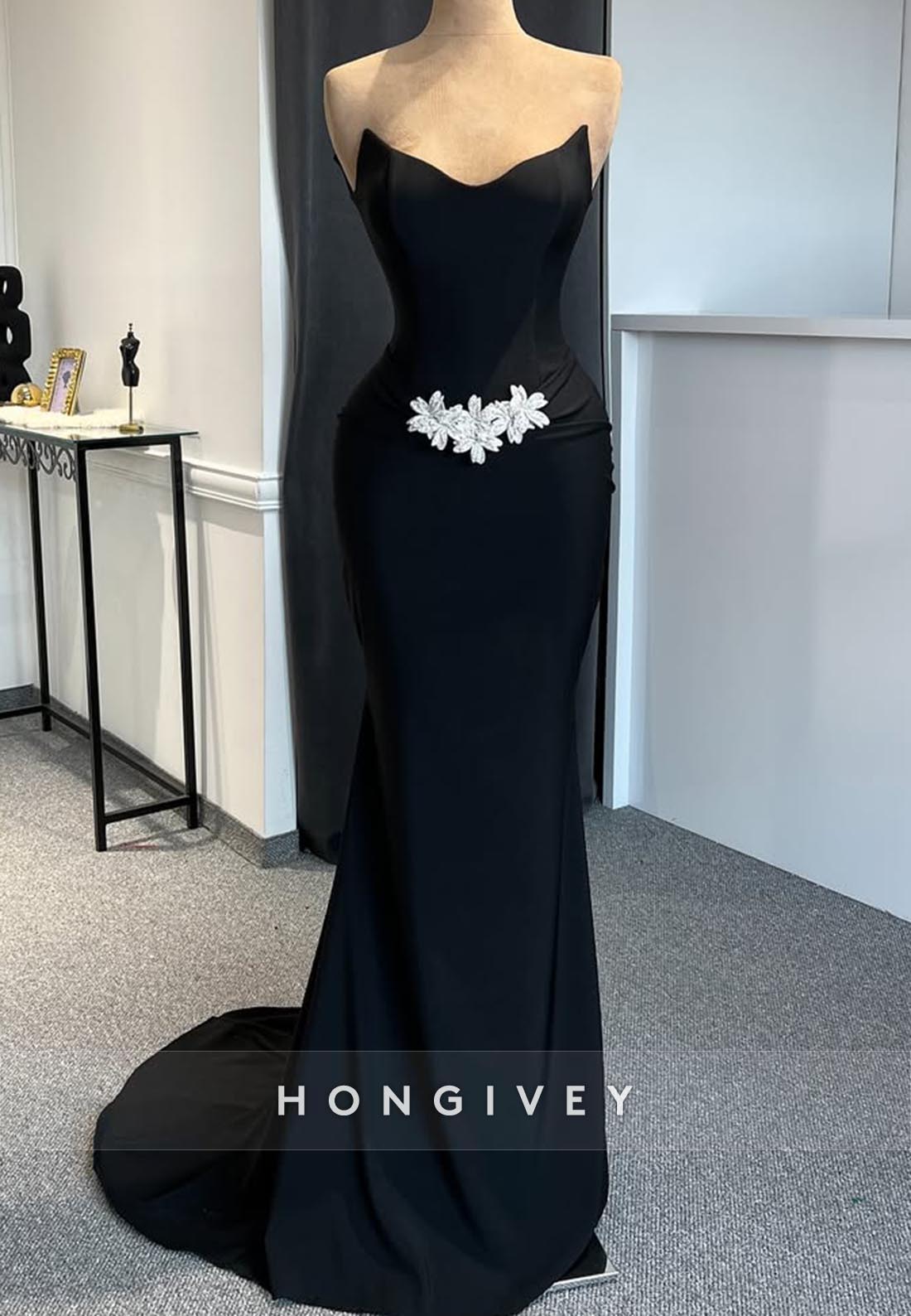 Sweetheart Rhinestone  Floral Embellished Mermaid Long Prom Dresses with Train