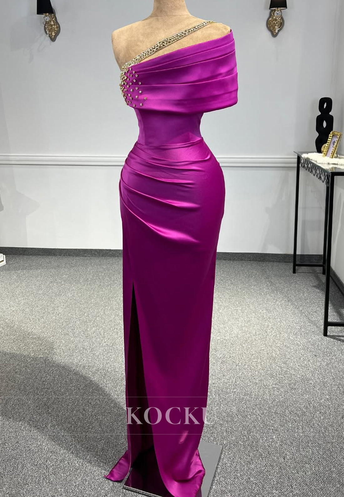 Beaded One Shoulder Sleeveless Empire Waist Satin Party Prom Dress with Slit