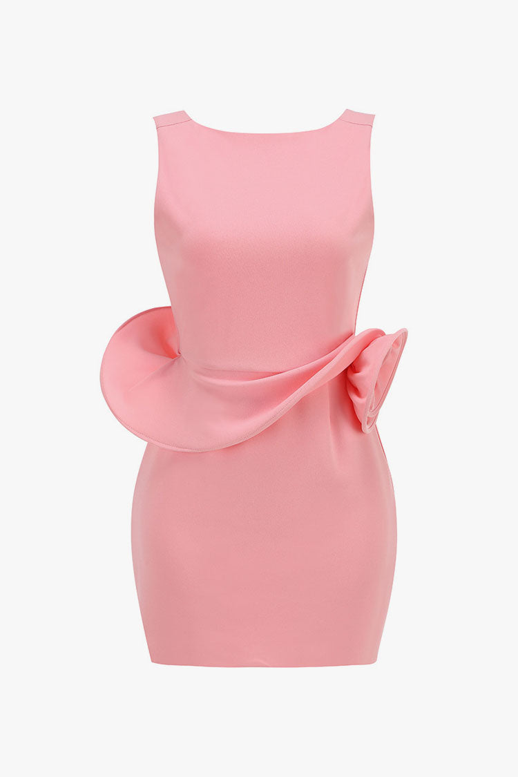 Artistic Crew Neck Backless Rosette Peplum Crepe Party Mini Dress - Fashionpara
