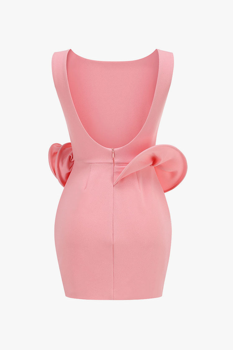 Artistic Crew Neck Backless Rosette Peplum Crepe Party Mini Dress - Fashionpara