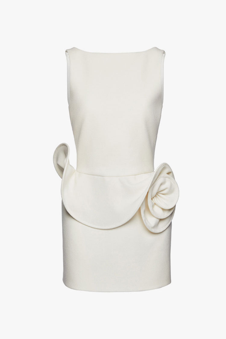 Artistic Crew Neck Backless Rosette Peplum Crepe Party Mini Dress - Fashionpara