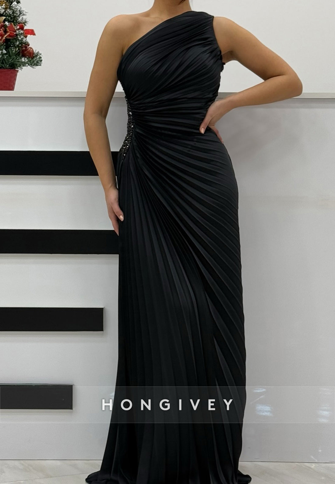 Simple One Shoulder Column Sweep Cascading Ruffles Train Satin Pleated Evening Gown