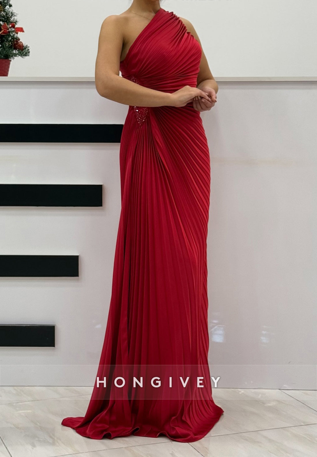 Simple One Shoulder Column Sweep Cascading Ruffles Train Satin Pleated Evening Gown