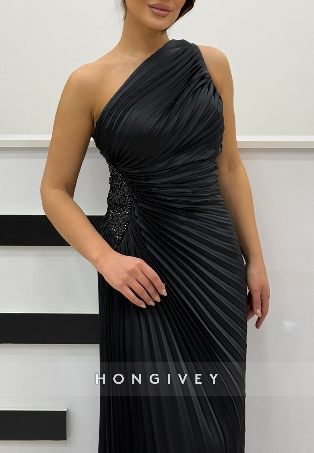 Simple One Shoulder Column Sweep Cascading Ruffles Train Satin Pleated Evening Gown