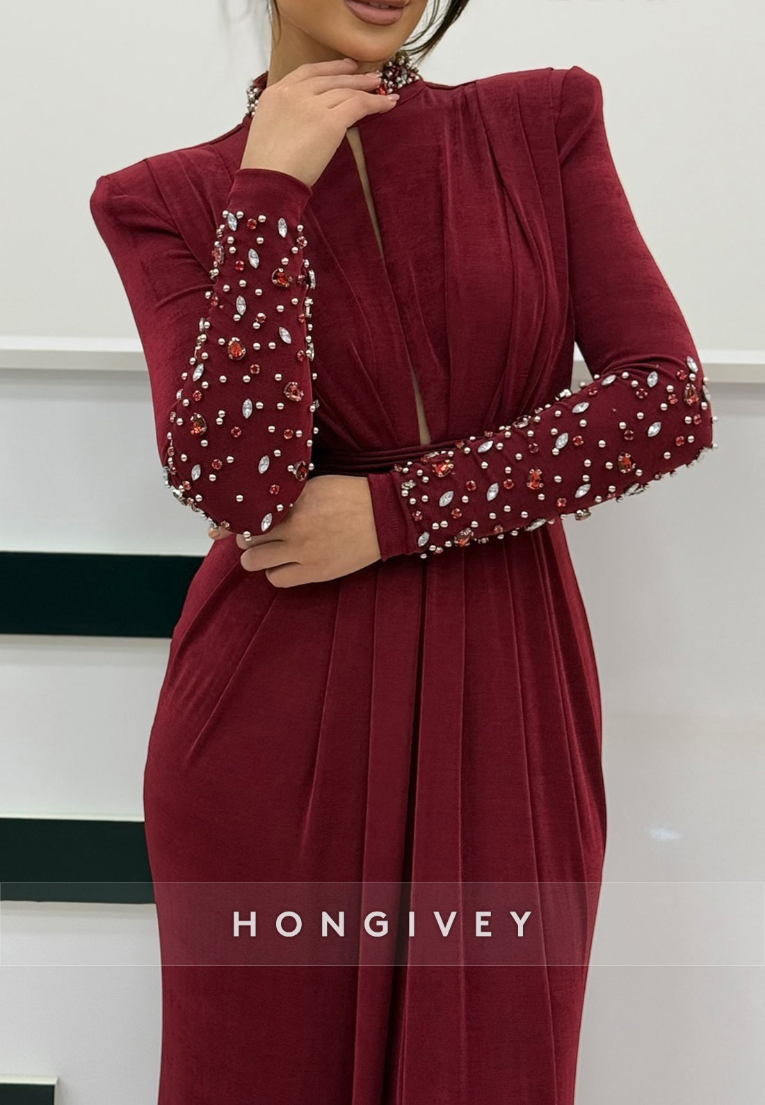 Floor-Length Column High Neck Satin Long Sleeve Pleated With Slit Evening Gown