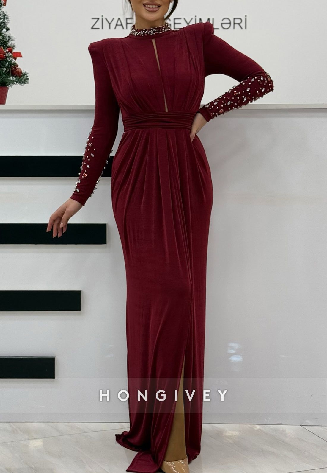 Floor-Length Column High Neck Satin Long Sleeve Pleated With Slit Evening Gown