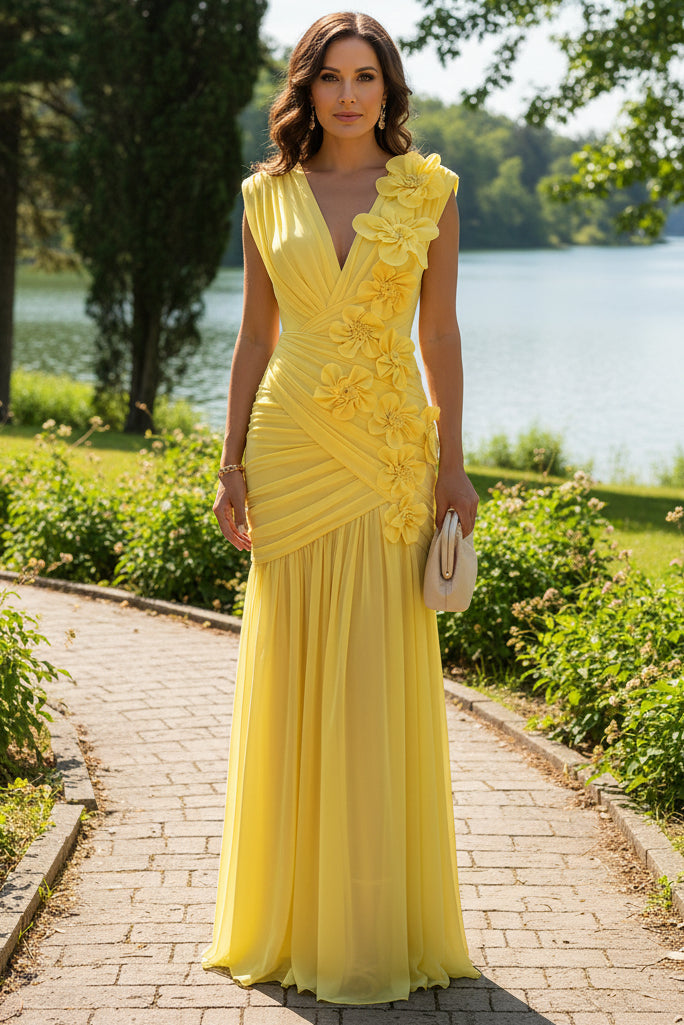 Ruched Floral Appliqué Floor-Length Evening Gown