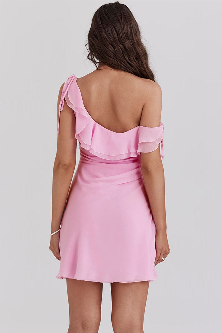 Asymmetric Bow Tie One Shoulder Ruched Tiered Ruffle Party Mini Dress - Fashionpara