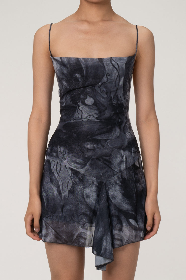 Asymmetric Cowl Neck Lace Up Backless Ruffle Printed Mesh Party Mini Dress - Fashionpara