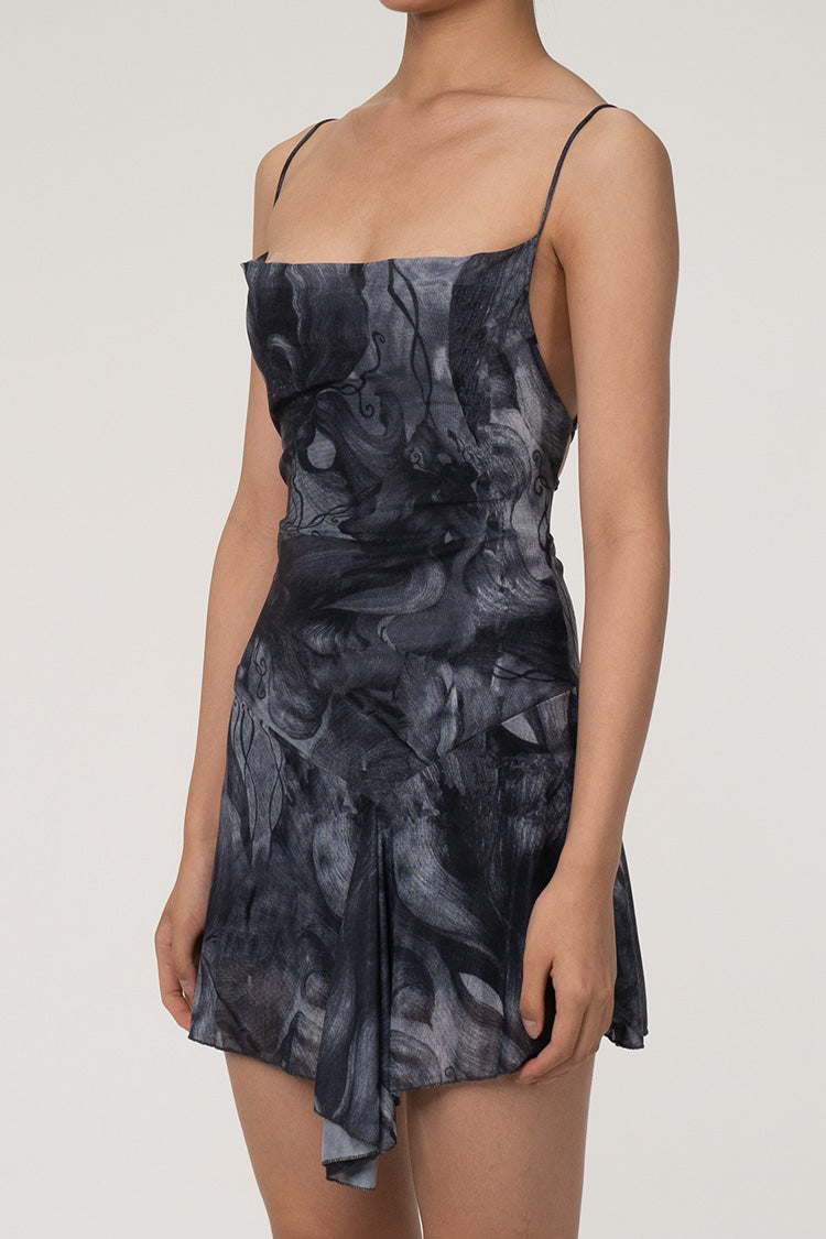 Asymmetric Cowl Neck Lace Up Backless Ruffle Printed Mesh Party Mini Dress - Fashionpara