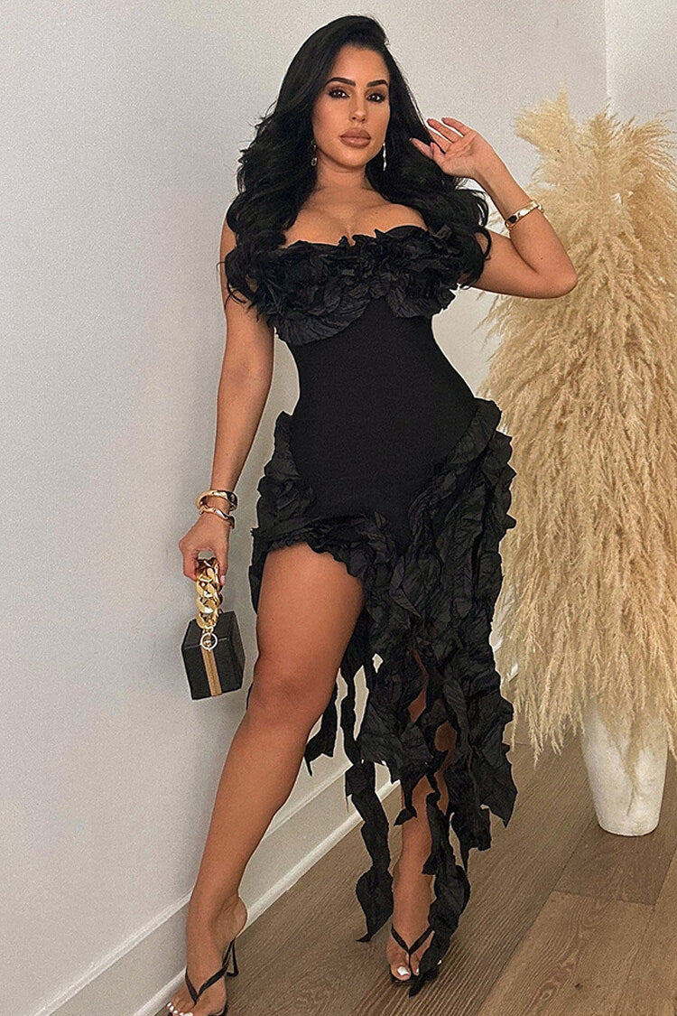 Asymmetric Layered Strapless Bodycon Ruffle Tassel Cocktail Party Dress - Fashionpara