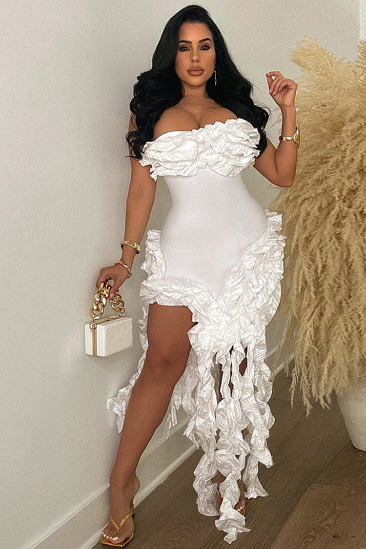 Asymmetric Layered Strapless Bodycon Ruffle Tassel Cocktail Party Dress - Fashionpara