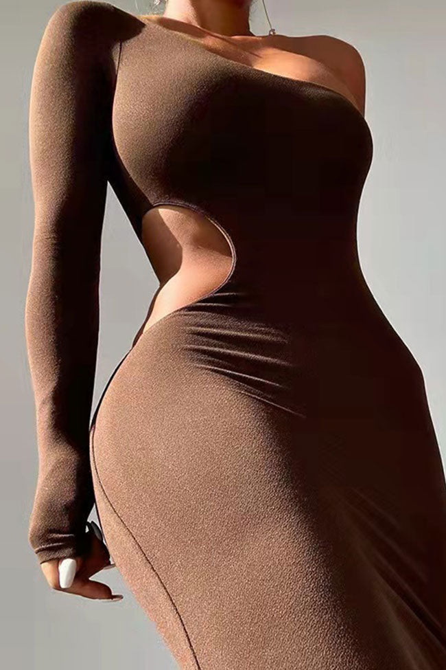 Asymmetric One Shoulder Long Sleeve Cutout Bodycon Party Midi Dress - Brown - Fashionpara