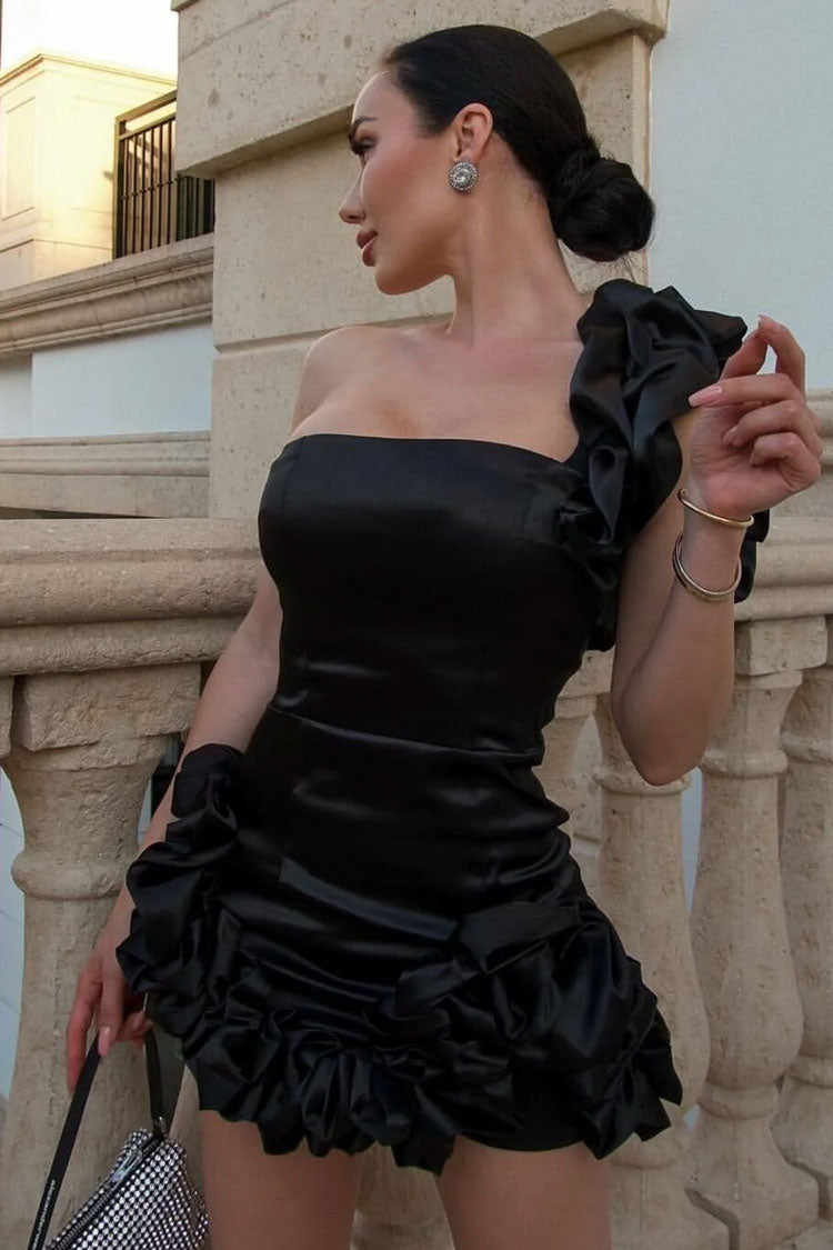 Asymmetric Ruffle One Shoulder Summer Satin Bodycon Party Mini Dress - Fashionpara