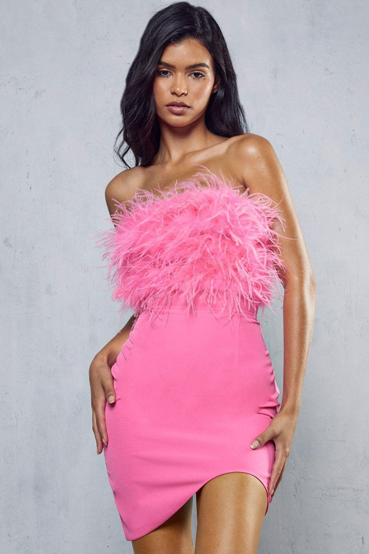 Asymmetrical Faux Feather Trim Cutout Back Strapless Party Mini Dress - Rose - Fashionpara