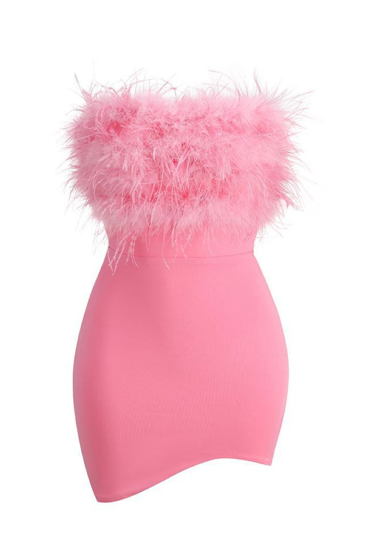 Asymmetrical Faux Feather Trim Cutout Back Strapless Party Mini Dress - Rose - Fashionpara