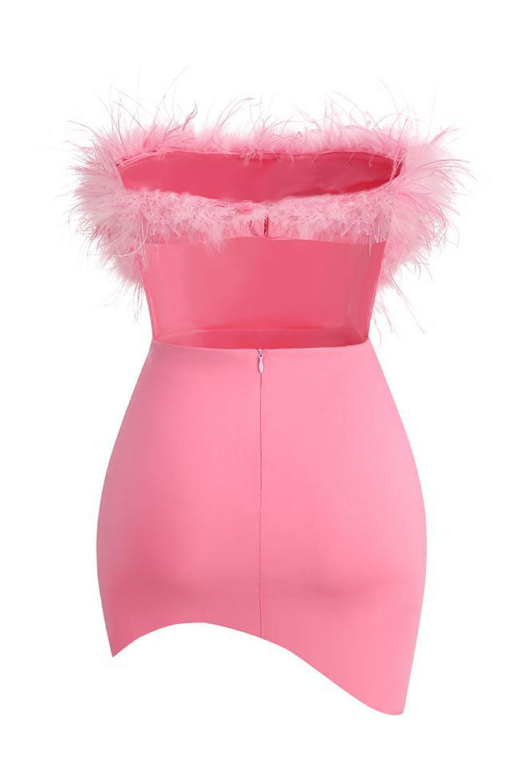 Asymmetrical Faux Feather Trim Cutout Back Strapless Party Mini Dress - Rose - Fashionpara