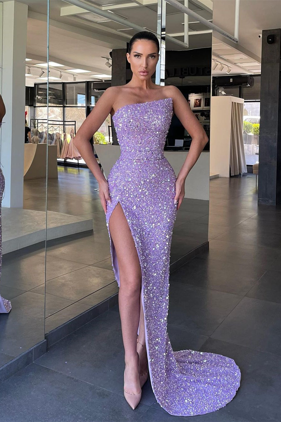 Asymmetrical Mermaid Off-the-shoulder Sequined Floor-Length High Split Open Back Prom Dress