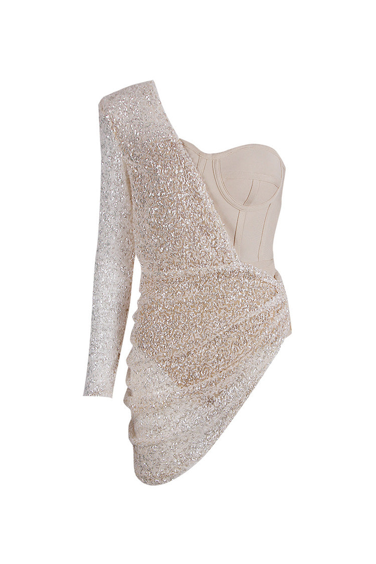 Asymmetrical One Shoulder Draped Ruched Bodysuit Sequin Party Mini Dress - Fashionpara